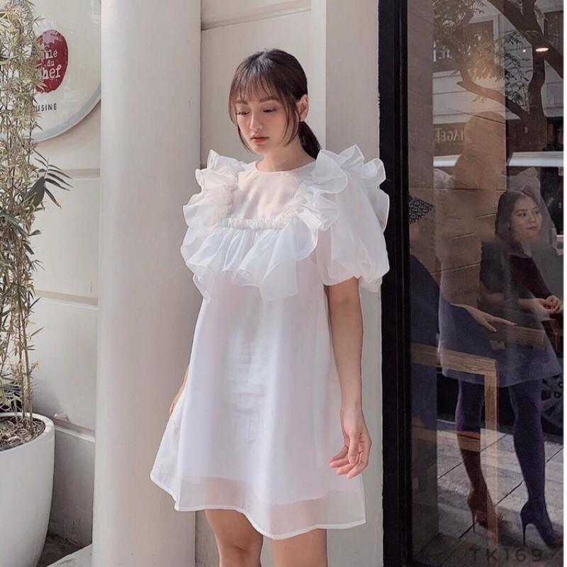 Đầm babydoll voan xốp viền bèo có ảnh thật