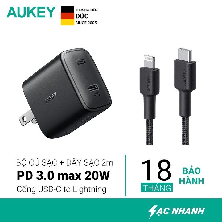 Combo Sạc Nhanh Siêu Nhỏ Aukey PA-F1S Power Delivery 20W - Cáp Sạc Nhanh USB-C to Lightning Aukey CB-CL2 2M - Hàng Chính Hãng