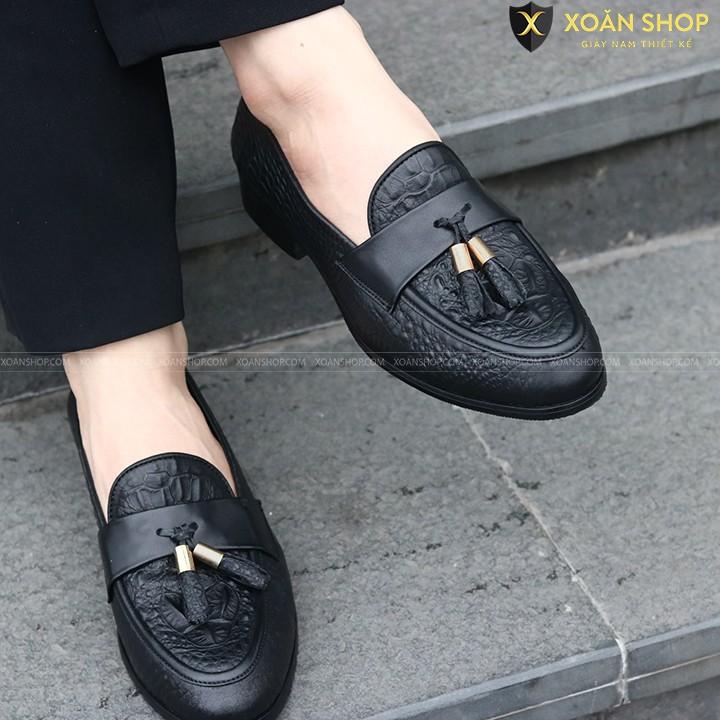 GIÀY LƯỜI NAM DA Pu 100% DẬP VÂN CÁ SẤU, GẮN CHUÔNG, ĐẾ cao suNHẬP - MÃ X091-2 MÀU ĐEN HÀNG VIỆT NAM