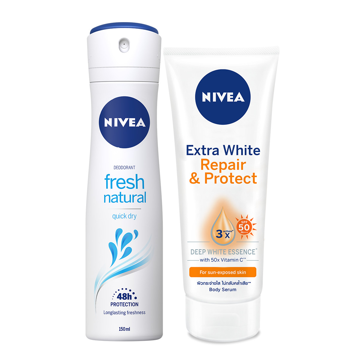 Bộ đôi Xịt Ngăn Mùi NIVEA Fresh Nature Tươi Mát Tự Nhiên (150ml) - 81601 &amp; Tinh Chất Dưỡng Thể Dưỡng Trắng NIVEA Ban Ngày Giúp Phục Hồi &amp; Chống Nắng SPF50 (180ml) - 88314