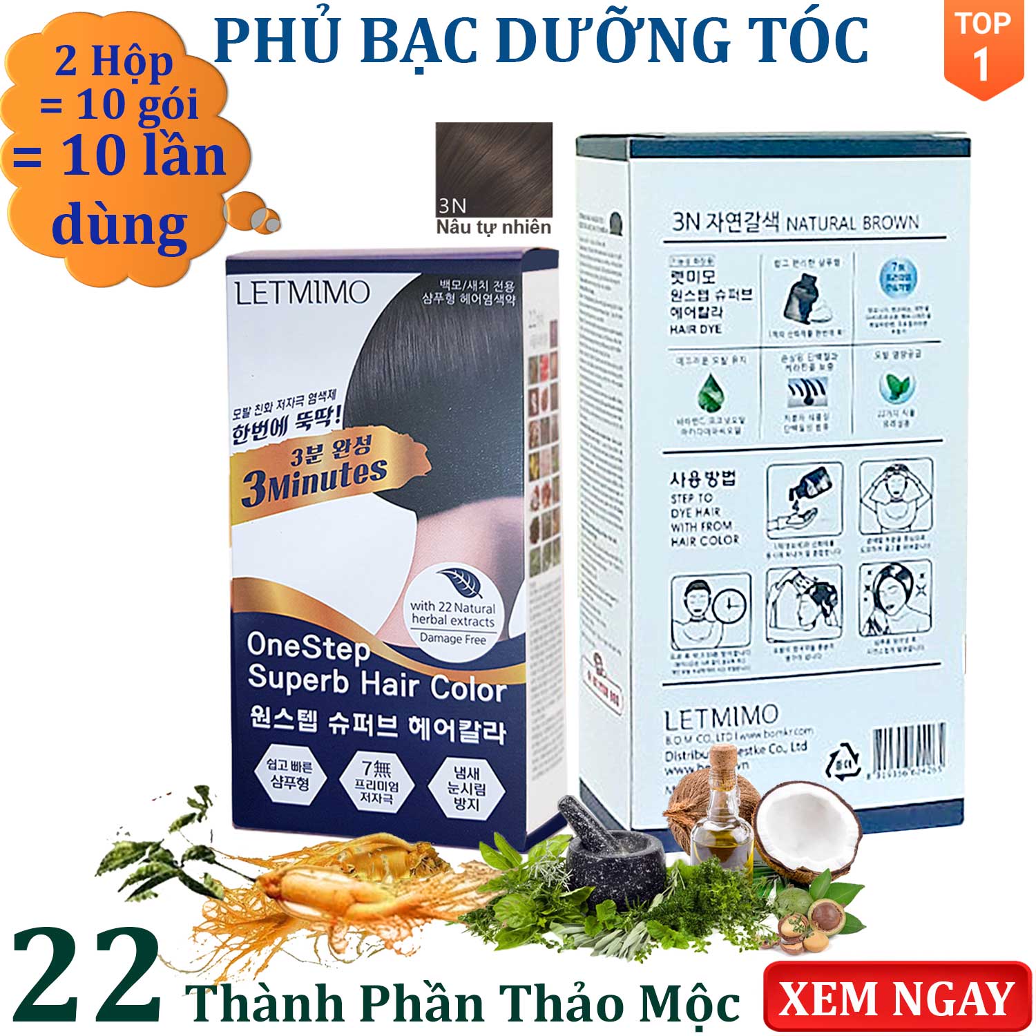 Màu Phủ Bạc Dưỡng tóc Thảo Mộc 3N-Nâu Tự Nhiên or Đen tự nhiên combo 2 hộp = 10 Gói LETMIMO bestke