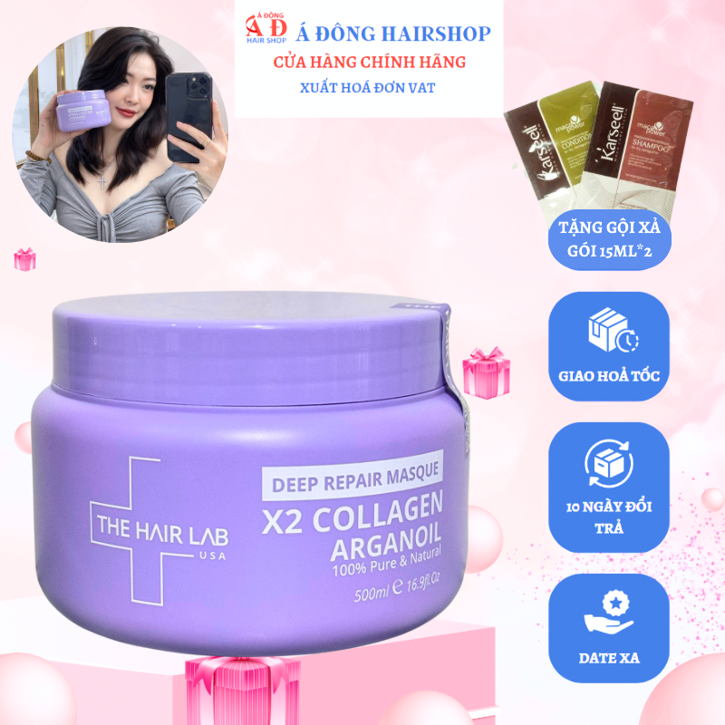 Mặt nạ ủ tóc Phục hồi chuyên sâu The Hair Lab X2 Collagen Argan Oil mềm mượt, không bết dính hương thơm + Gội xả gói Karseell 15ml