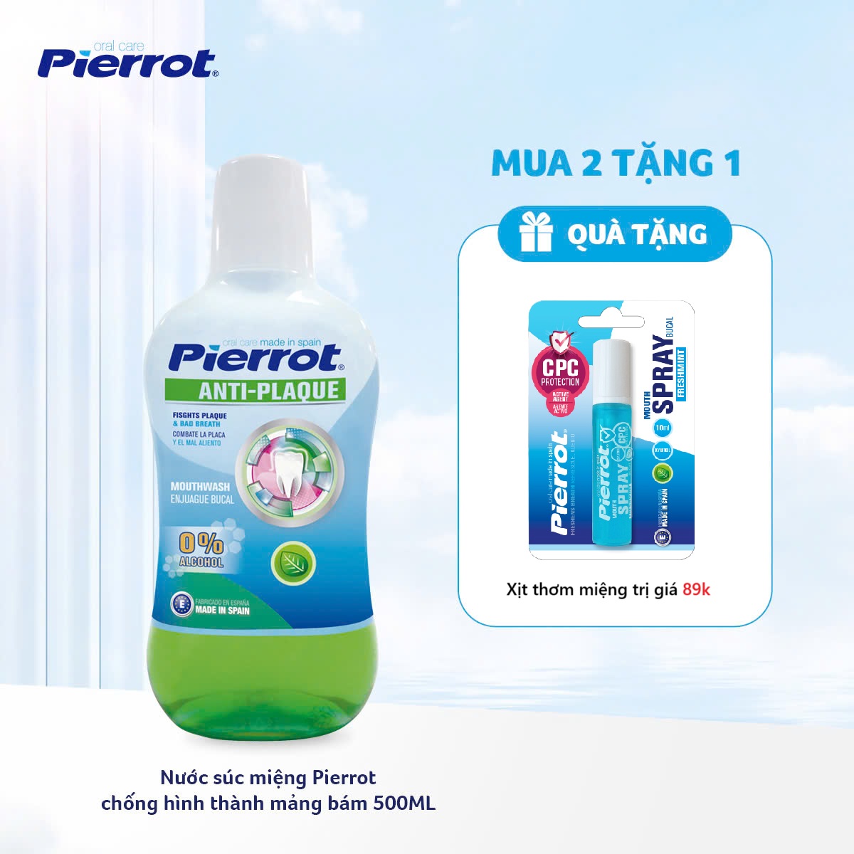 [ Mua 2 tặng 1 xịt thơm miệng ] Nước súc miệng chống hình thành mảng bám PIERROT 500ml