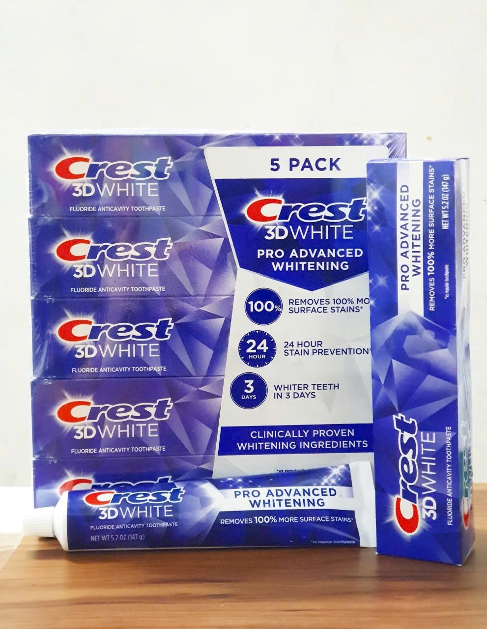 Sét 5 cây kem đánh răng crest 3d white advanced whitening 147g mẫu mới của Mỹ trắng răng thơm miệng