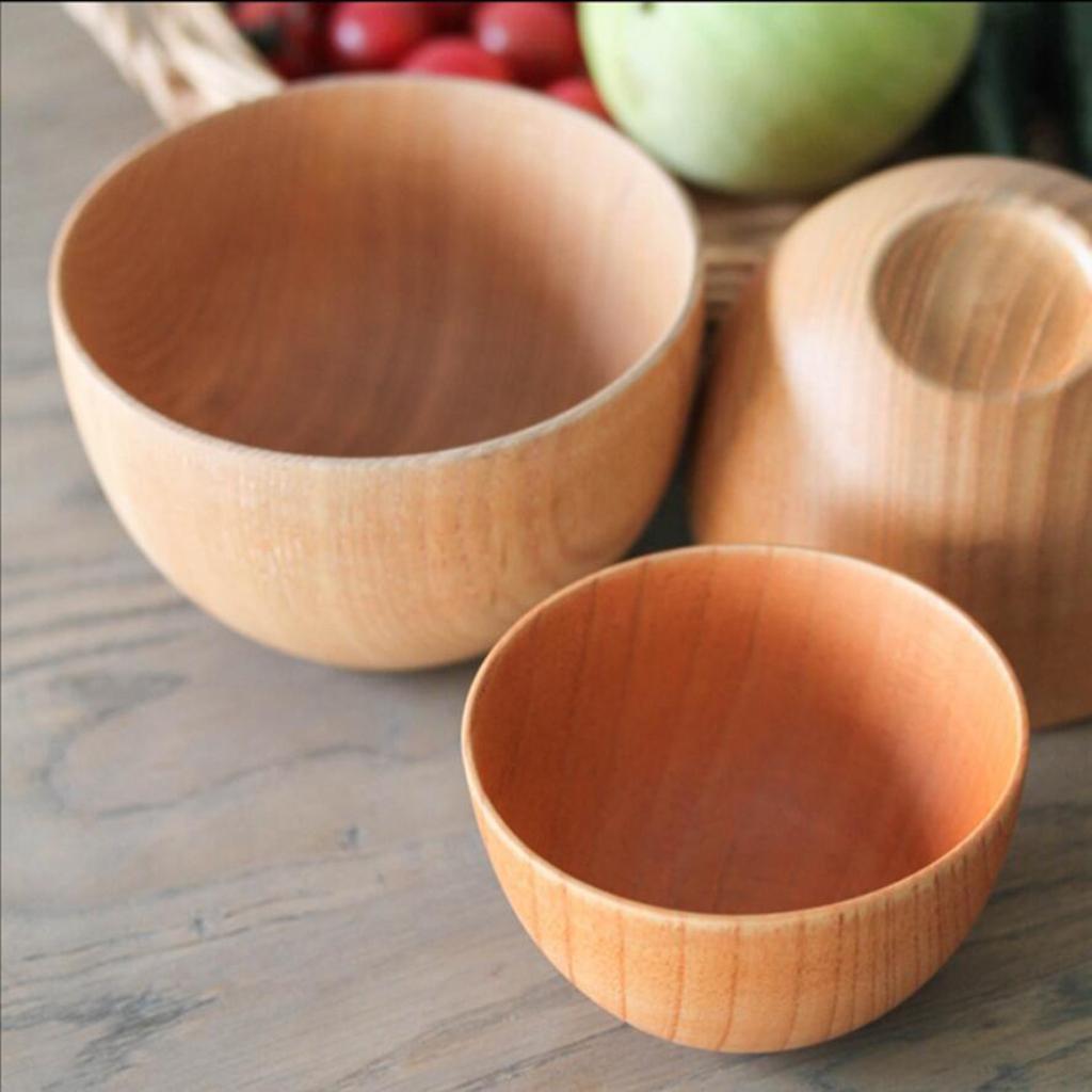 2Pcs Round Wooden Cereal Bowl Food Container Camping Dinner Lunch Tableware