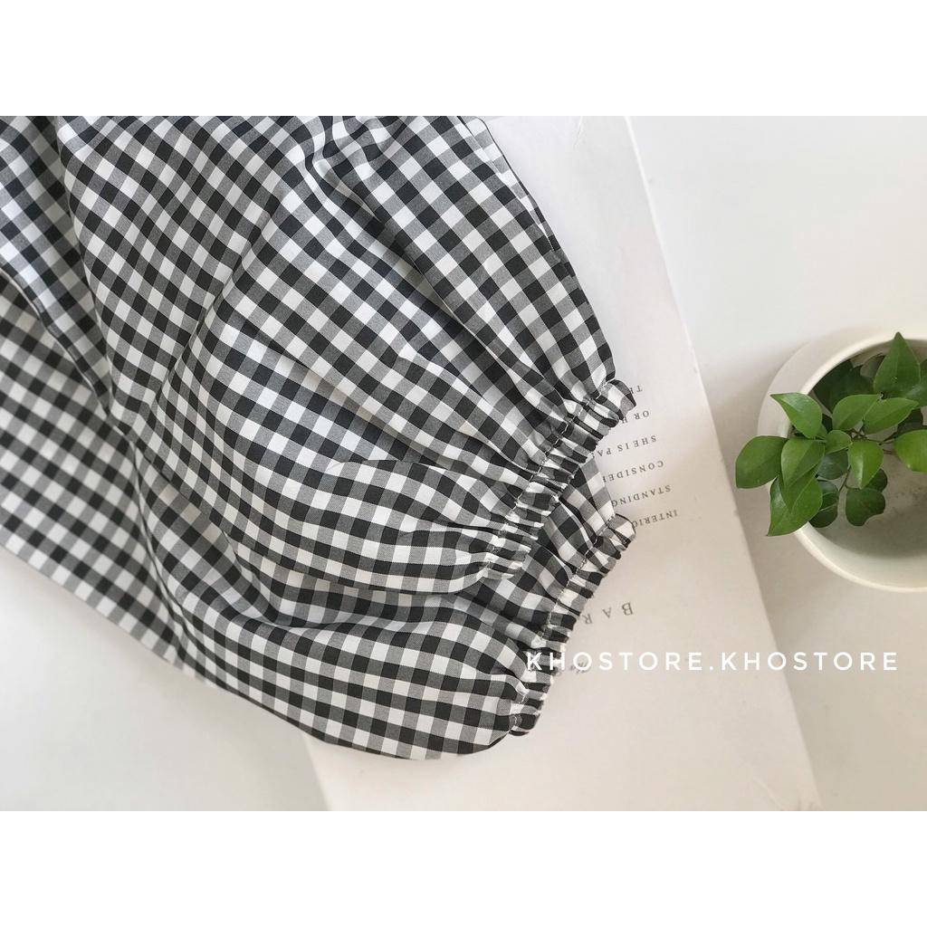 Áo croptop tay dài nhún ngực tôn dáng, áo đi biển tay phồng caro 2 màu, áo dây rút kiểu dáng hàn quốc, vải cotton mát