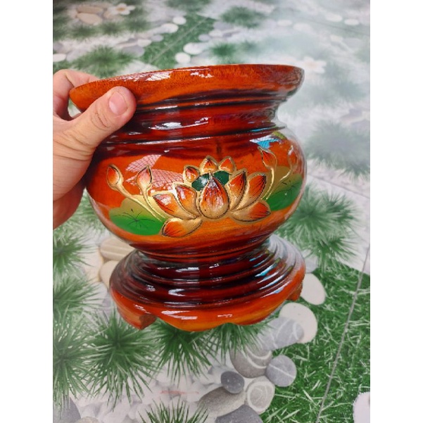 Bát nhang gỗ xoan đào hoạ tiết hoa sen kích thước  ngang 17cm