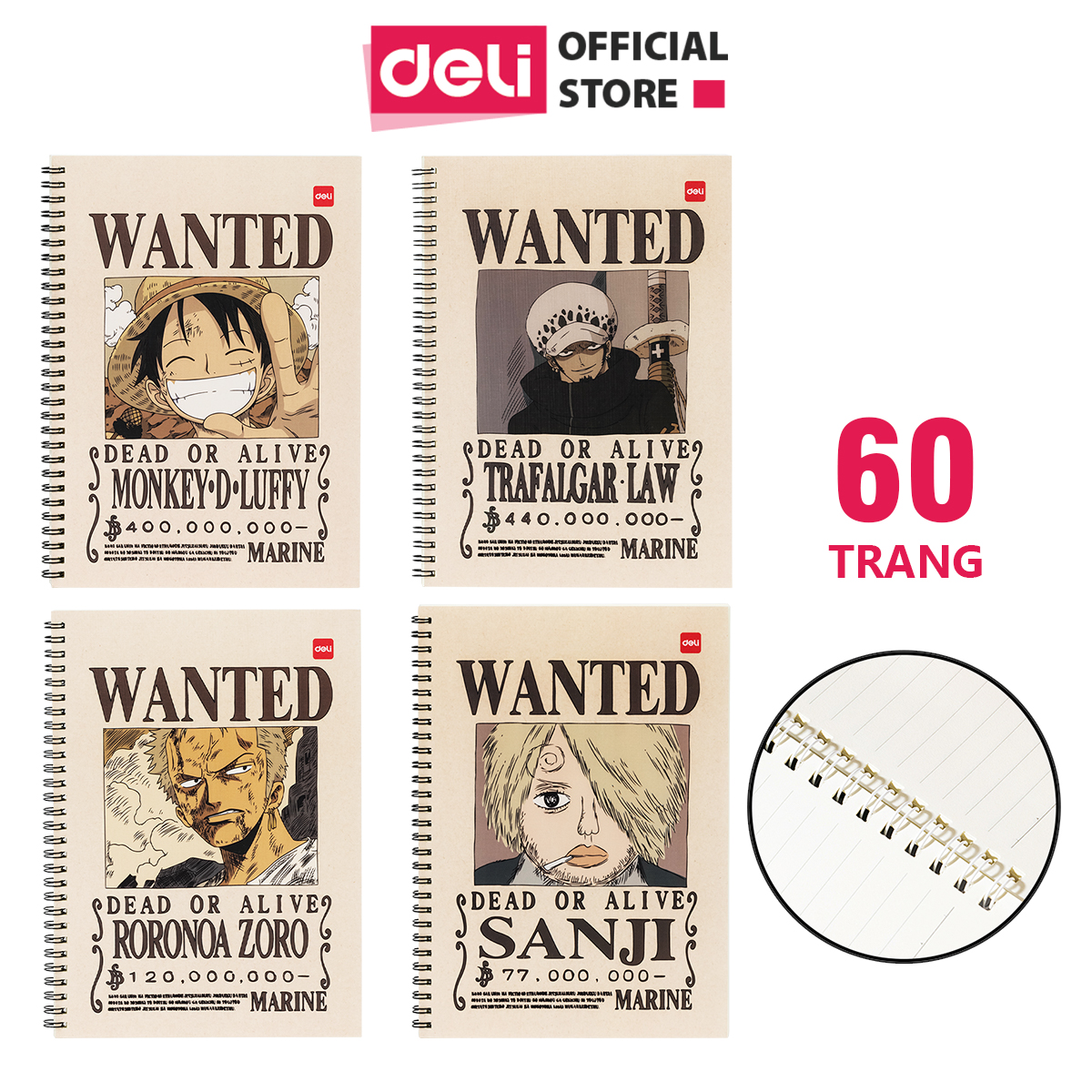 Sổ tay ghi chép gáy xoắn kẻ ngang A5 B5 60 trang hình Vua cướp biển One Piece Deli - Phù hợp học sinh văn phòng - Mẫu ngẫu nhiên - EN004