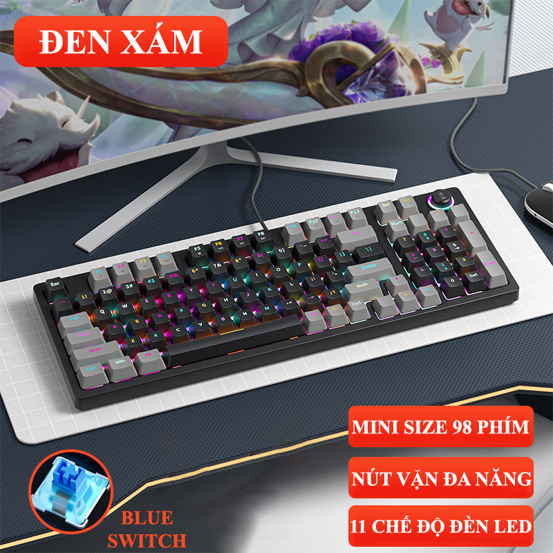 Bàn phím cơ blue switch ZA9801 với thiết kế phím mini size 98 phím kèm theo nút vặn đa phương tiện điều khiển đèn led và âm thanh cực kì độc đáo phù hợp cho các game thủ