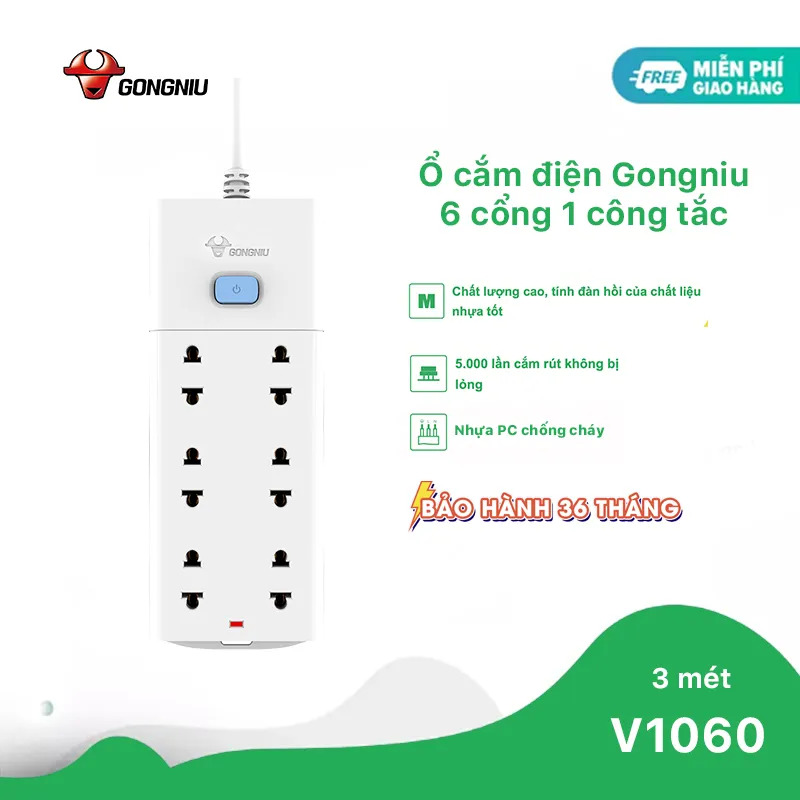 Ổ Cắm Điện Gongniu Đa Năng 6 ổ 1 Công Tắc – Công Suất 10A/250/2500W – Trắng – Chính Hãng