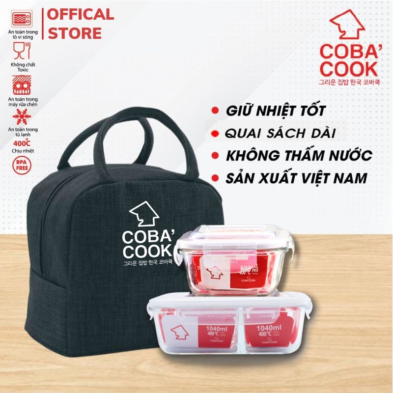 Bộ Hộp Đựng Cơm Thủy Tinh Chịu Nhiệt COBA'COOK Kèm Túi Vải Giữ Nhiệt- CCL1NS82BB