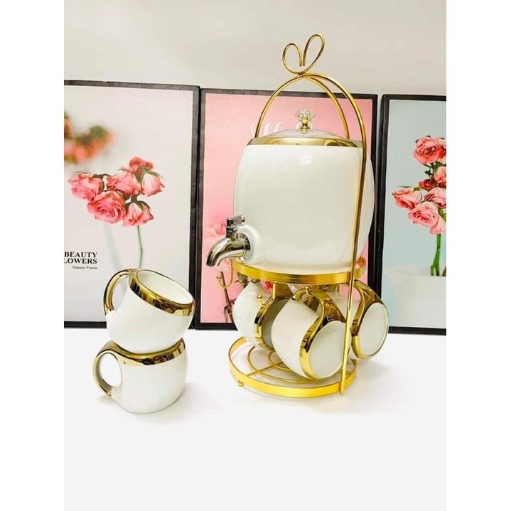 BỘ BÌNH ĐỰNG NƯỚC UỐNG, TIỆC TRÀ TRÁI CÂY SỨ CAO CẤP KHUNG KIM LOIAJ MẠ VÀNG KÈM 6 CỐC SANG TRỌNG TRẮNG
