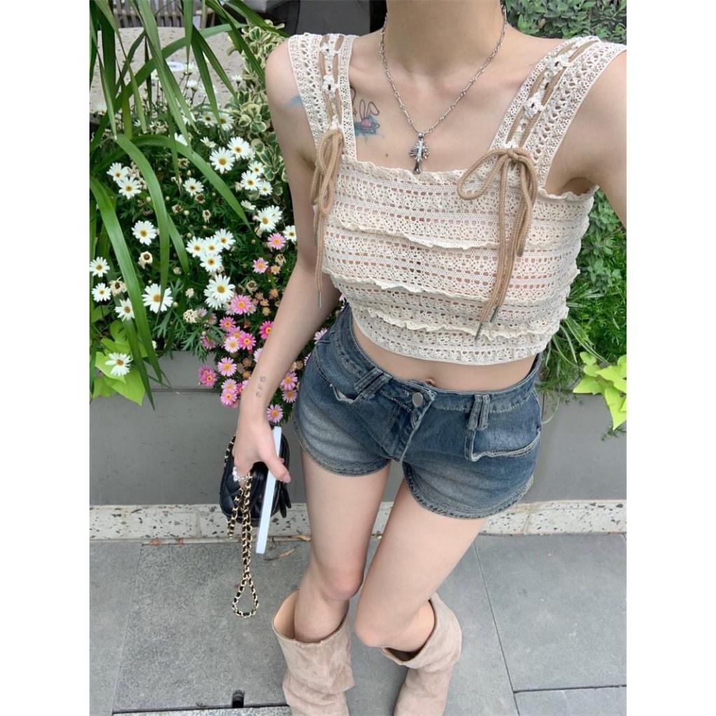 Áo Ren 2 Hai Dây Bản To Croptop Màu Trắng Phối Nơ Tiểu Thư