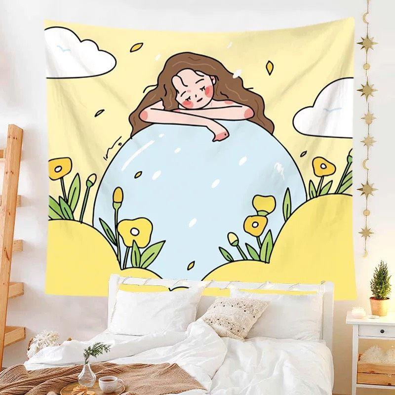 Tranh Vải treo tường Decor trang trí phòng hình Anime, cô gái mộng mer (150x130cm, TẶNG móc treo)