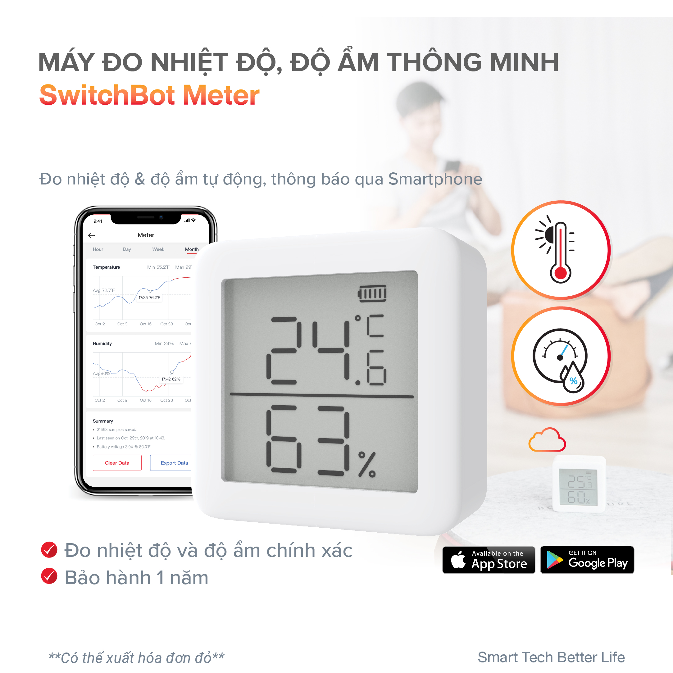 Máy đo nhiệt độ, máy đo độ ẩm thông minh SWITCHBOT Meter Hàng chính hãng - Cảm biến nhiệt thông minh bluetooth kết hợp SwitchBot Mini/ điều khiển bằng giọng nói qua Alexa, Google Home, HomePod, IFTTT