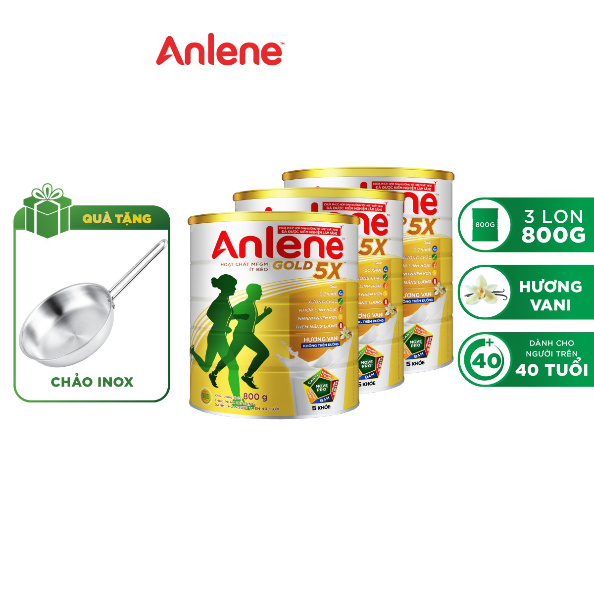 Combo 3 Sữa Bột Anlene Gold 5X Hương Vanilla (Hộp Thiếc 800g) - Tặng chảo inox