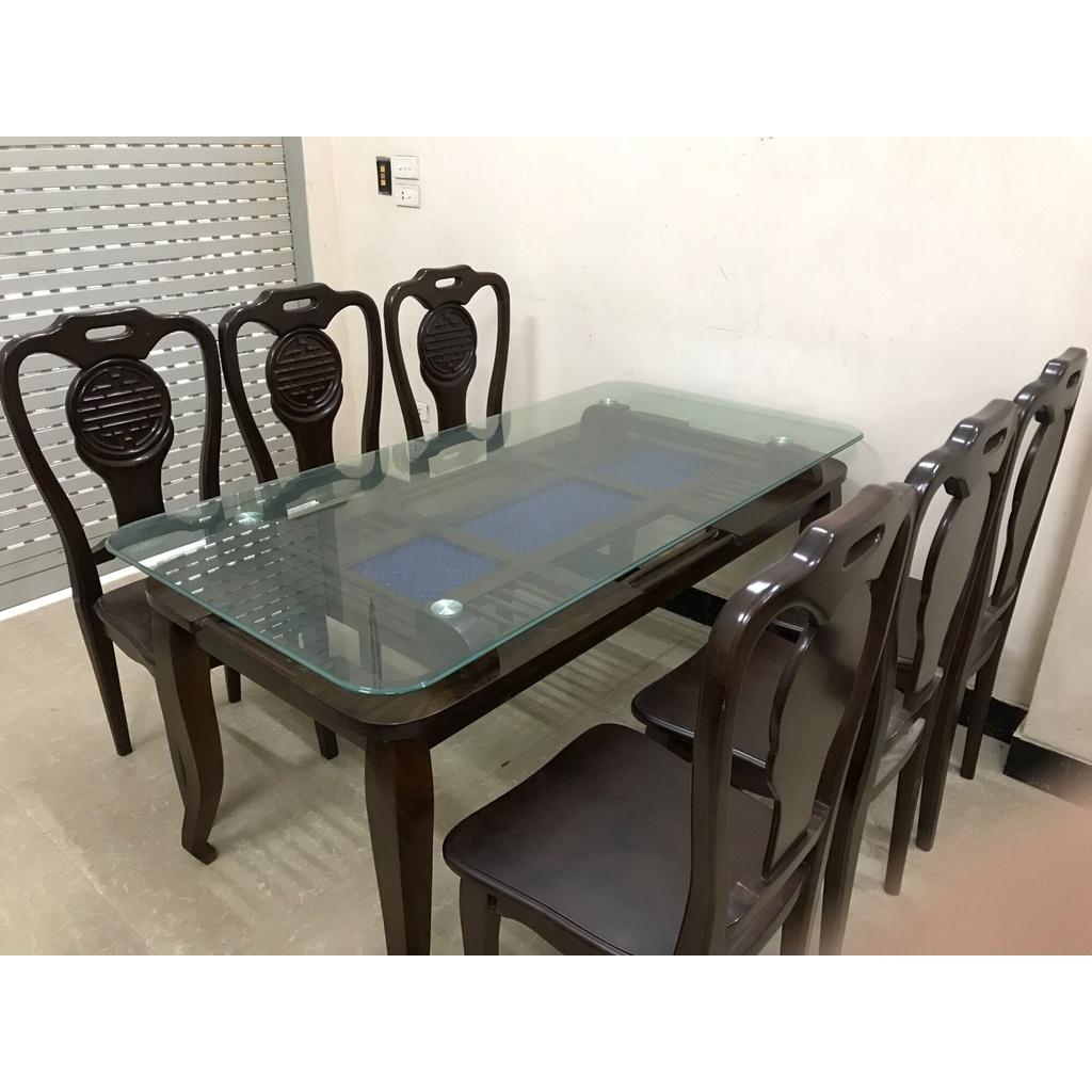 Bàn Ghế Ăn Mặt Kính 2 Tầng Gỗ Tự Nhiên Cao Cấp