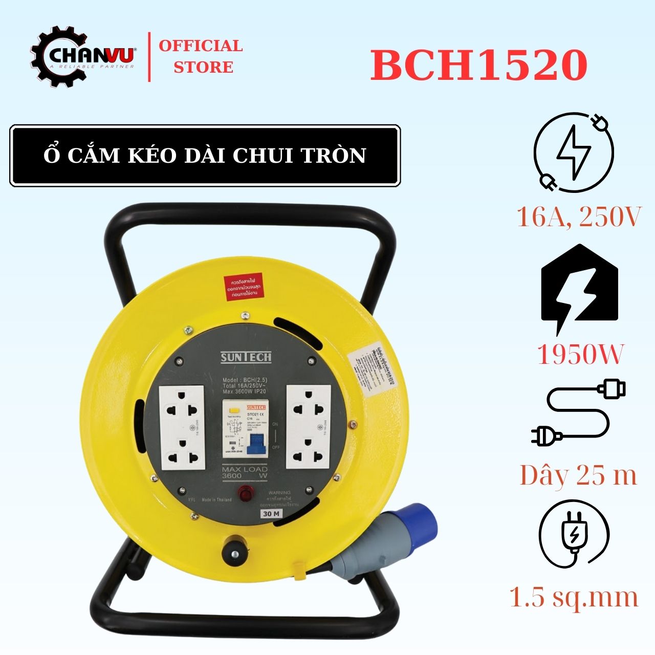 Ổ Cắm Rulo, ổ cắm quay tay điện Kéo Dài SUNTECH BCH1520 và BCH2520.Giải Pháp An Toàn Cho Nhà Máy và Công Xưởng