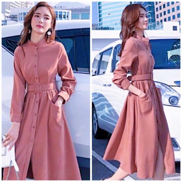 X2 váy cổ sơ mi dán dài công sở dịu dàng Đầm hồng ruốc tay dài kèm belt