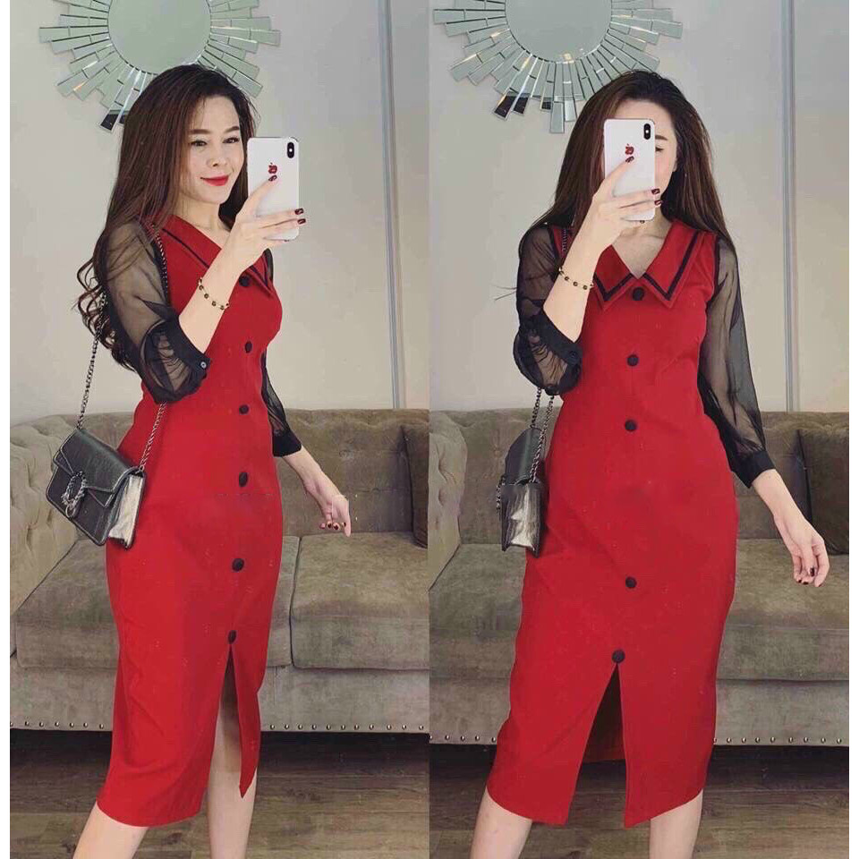 Đầm tay lưới đính nút