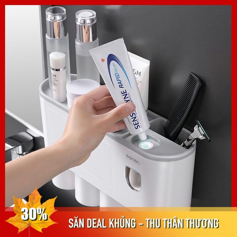Kệ Nhà Tắm Thông Minh I Kèm cốc hút từ tính + Bộ nhả kem đánh răng tự động I Dán tường
