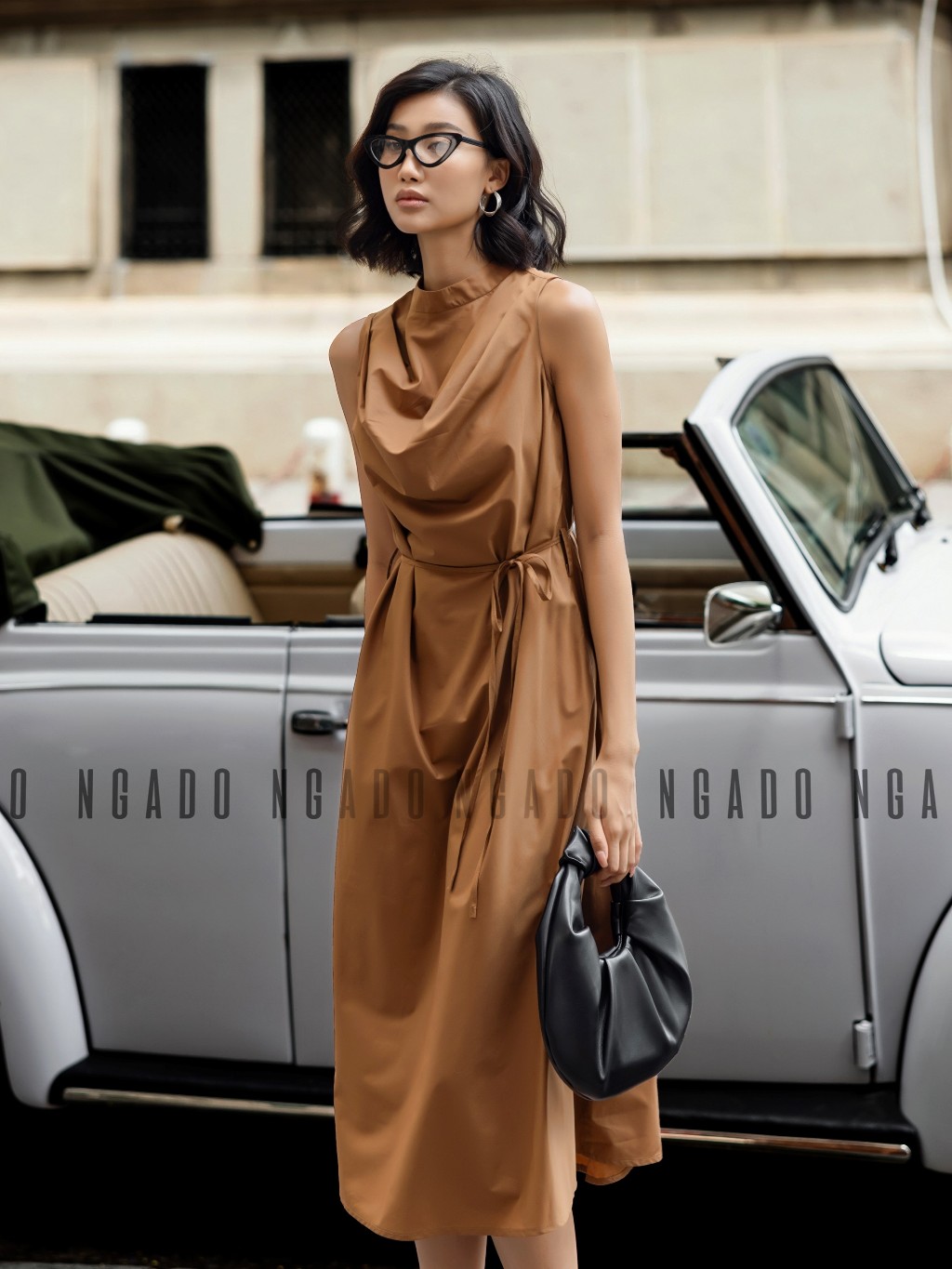 Đầm nâu cổ đổ NGADO, Đầm nữ sát nách cột eo, Đầm vintage