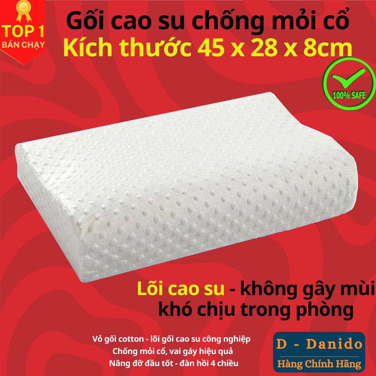 Gối cao su cao cấp chất lượng êm ái thoải mái, Gối cao su chống đau vai gáy, ngủ gáy, nâng đỡ vùng cổ hiệu quả - Hàng chính hãng D Danido