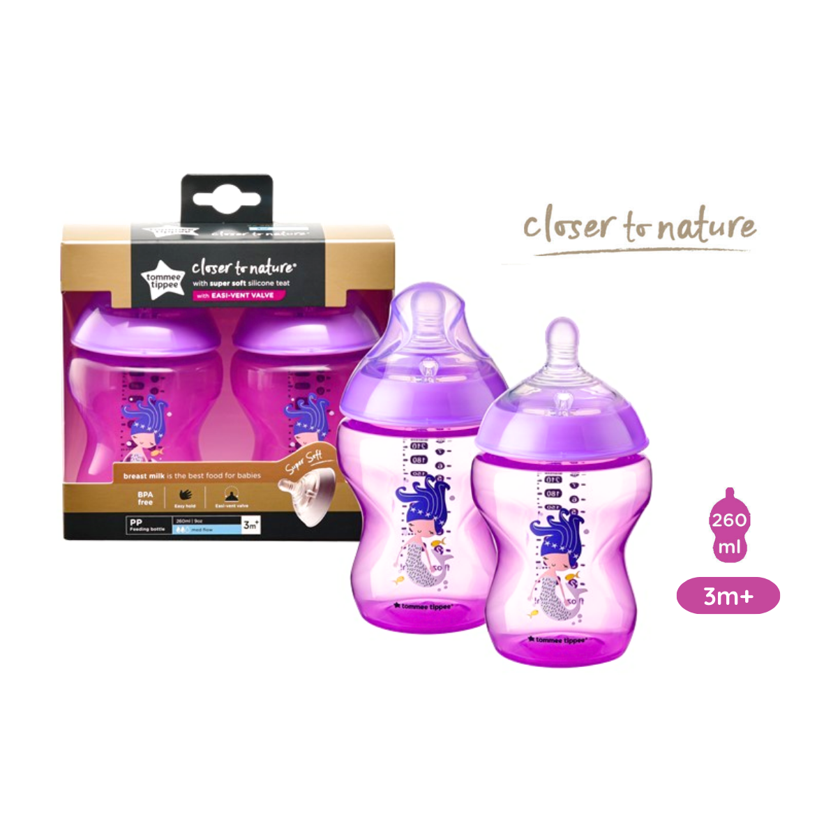 Bình Sữa Ty Siêu Mềm Tự nNhiên Tommee Tippee Closer To Nature 260ml, Núm Ty Của Bình 3-6 tháng – Tím (Bình Đôi)