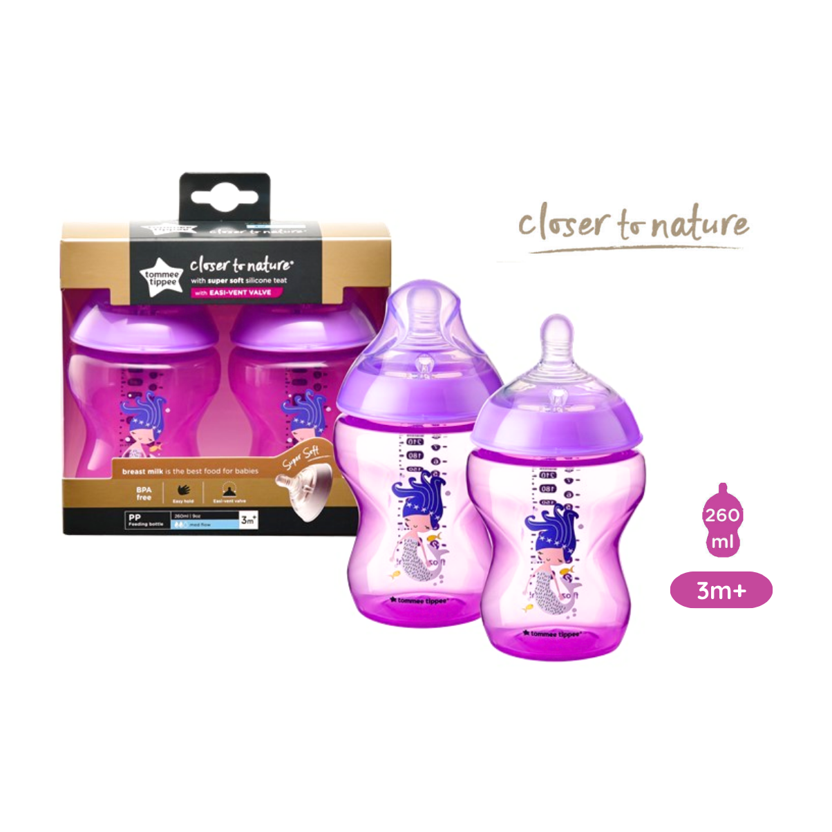 Bình sữa ty siêu mềm tự nhiên Tommee Tippee Closer to Nature 260ml, núm ty đi kèm 3-6 tháng – Tím (Bình đôi)