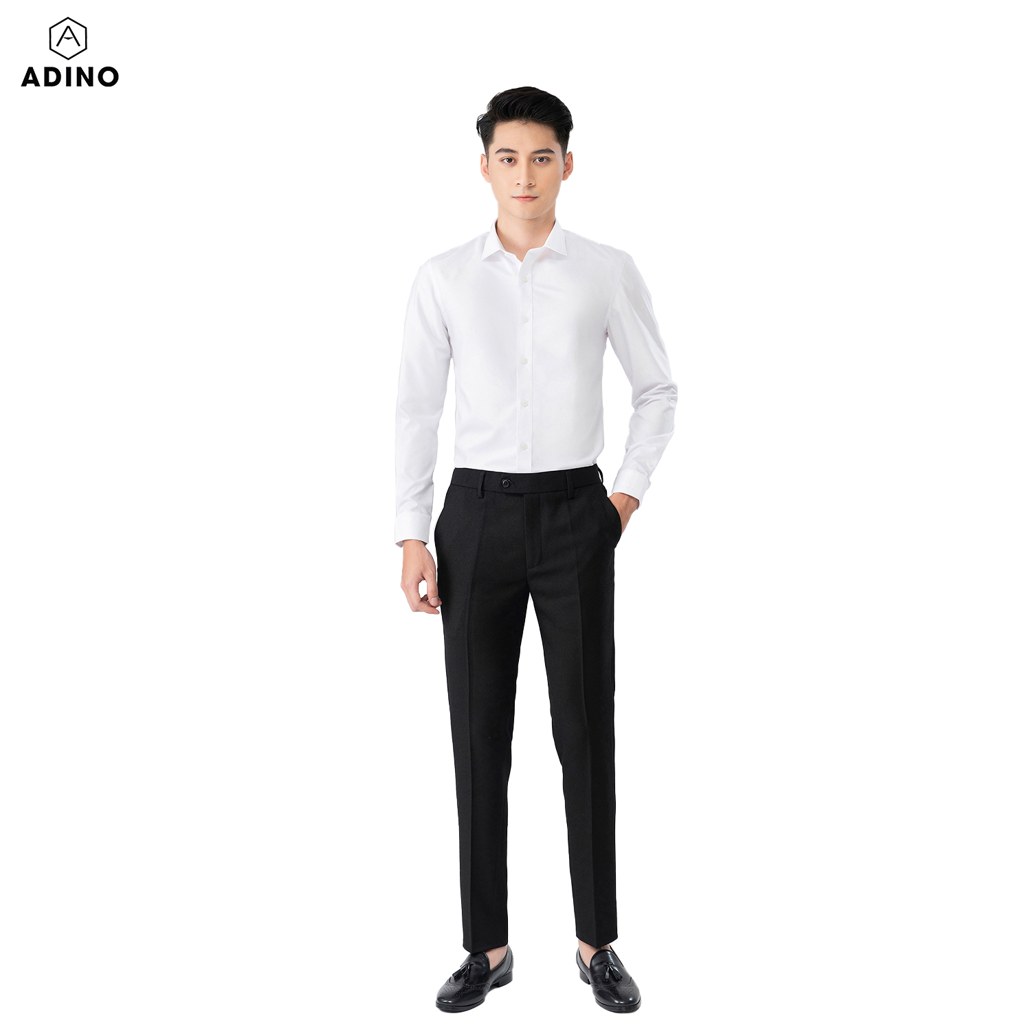 Áo sơ mi nam tay dài ADINO màu trắng tinh vải sợi sồi modal dáng slimfit trẻ trung S302