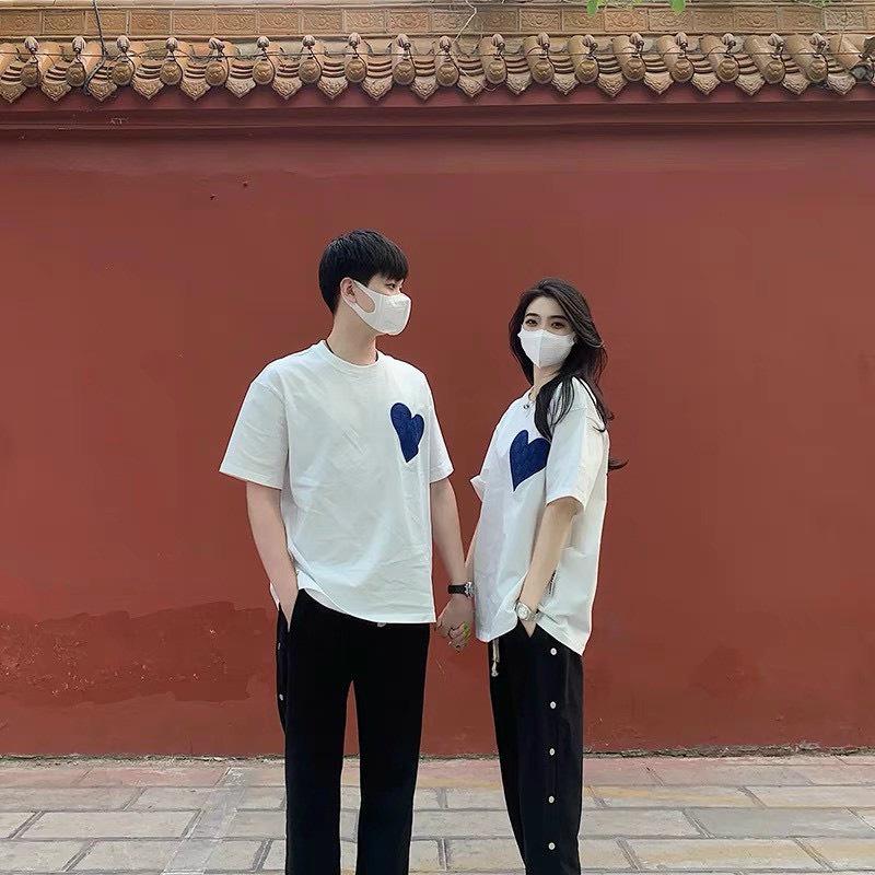 Áo Thun Cặp Đôi In Logo Tim Xanh Đơn Gỉan