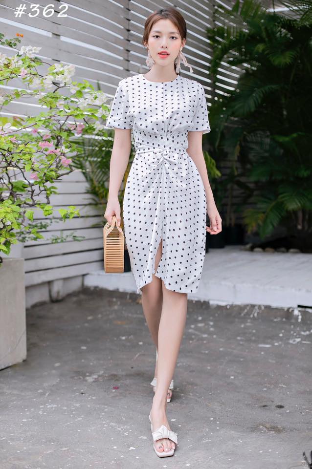 Đầm bi trắng buộc eo công sở thanh lịch