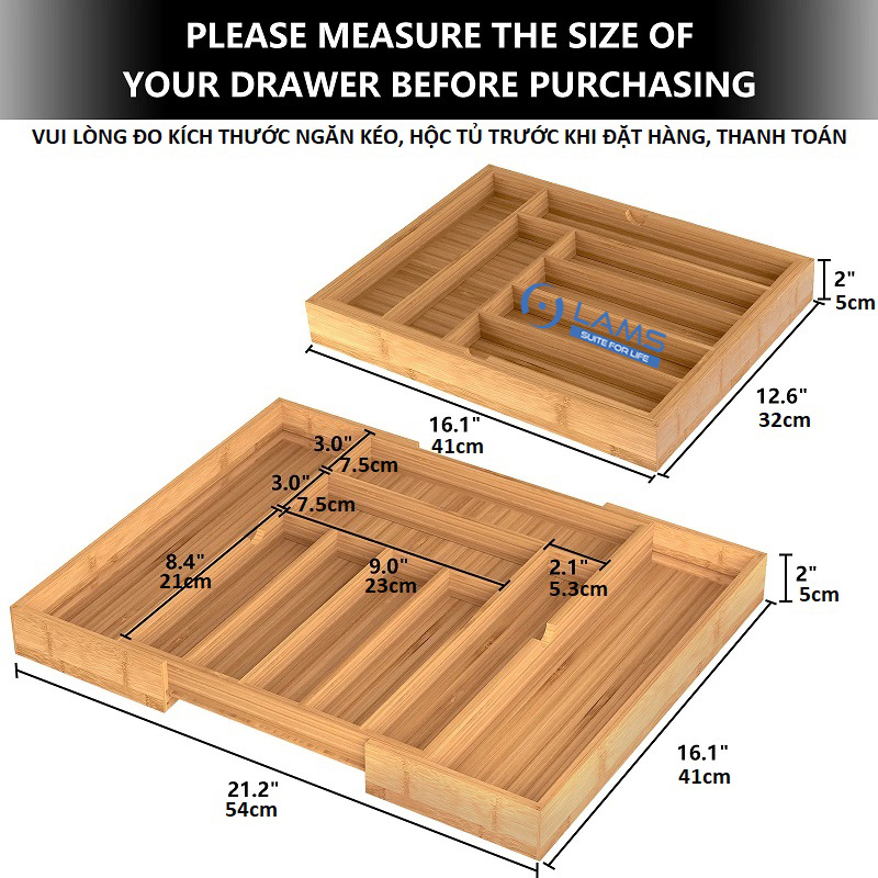 Khay đựng đồ dùng chia ngăn bằng gỗ tiện dụng cho ngăn kéo tủ bếp