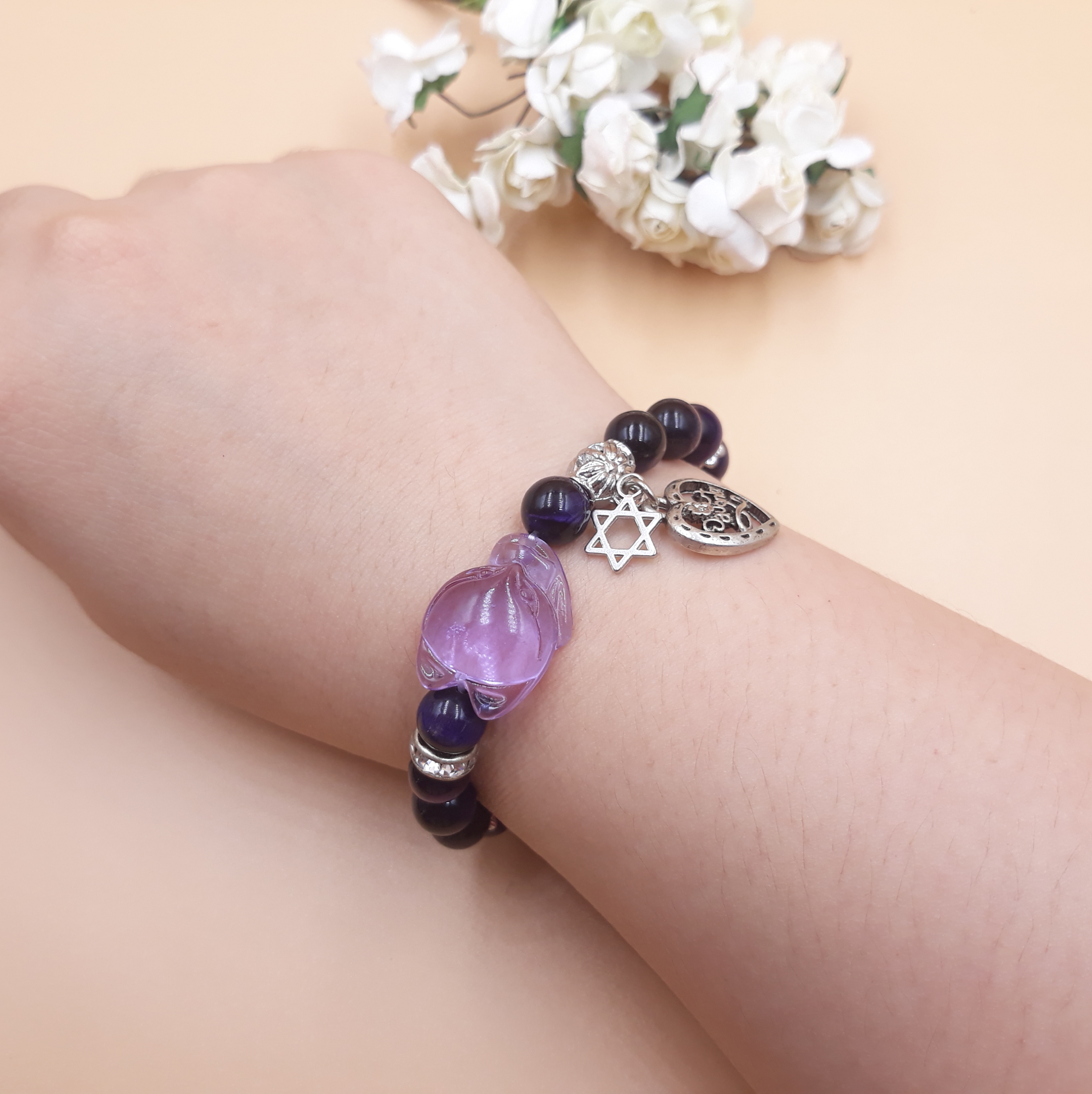 Vòng Tay Hồ Ly Baby Topaz Tím Phối Thạch Anh Tím Mix Charm