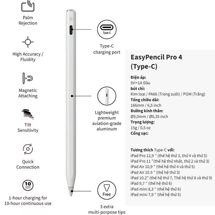 Bút cảm ứng cho ipad Pro SwitchEasy EasyPencil Pro 4 Stylus Pencil, 4 ngòi bút - Hàng chính hãng