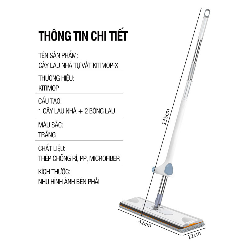 Cây lau nhà tự vắt Kitimop-XPRO bàn lau lớn 42cm, con lăn trợ lực, thanh thép không gỉ, khớp xoay 360 độ, 2 bông lau