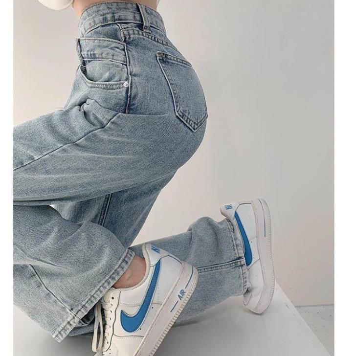 Quần Jeans Ống Rộng Xanh - Quần Ống Rộng Nữ Dáng Suông 1 Cúc Cạp Chéo Ulzzang
