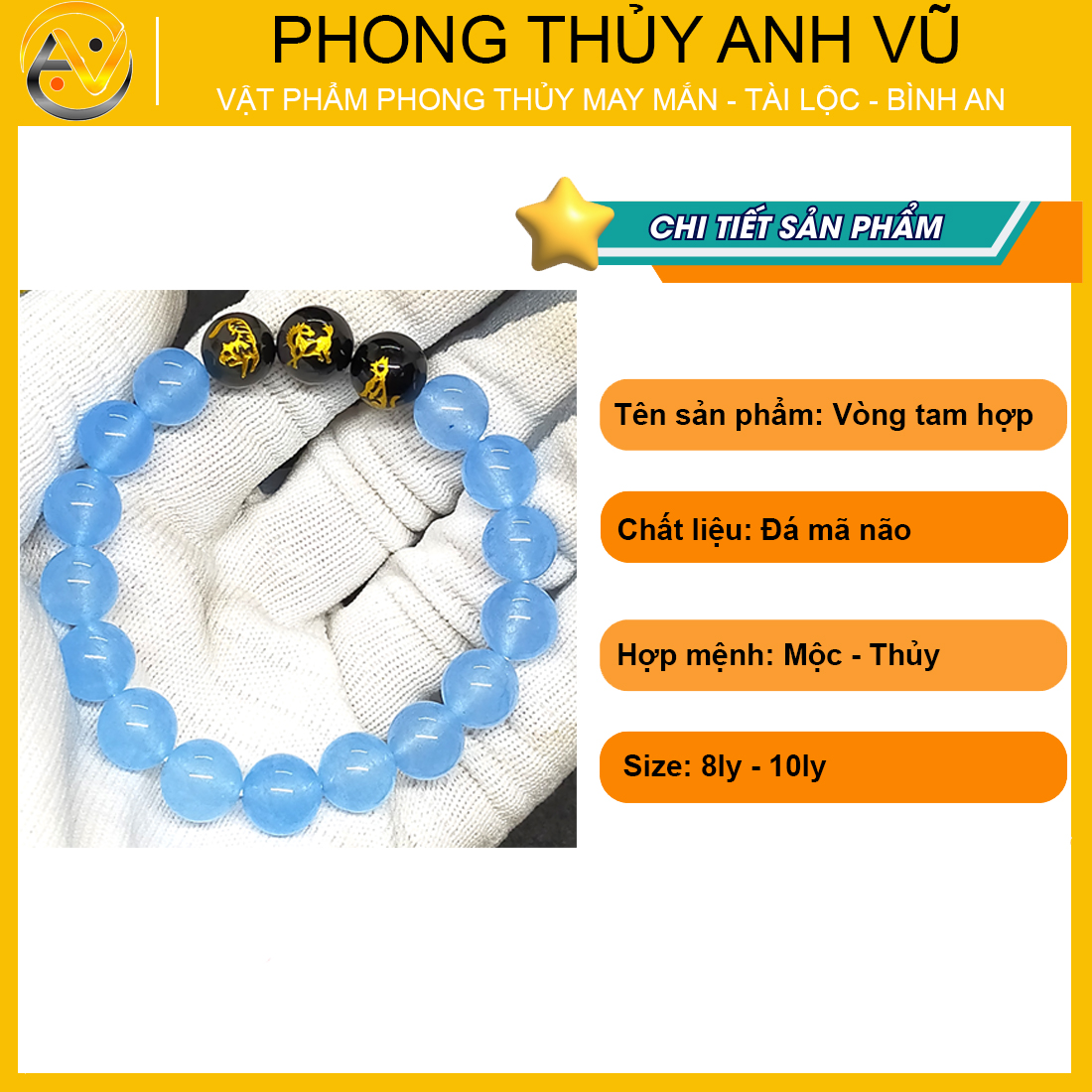 Vòng tay tam hợp dần ngọ tuất đá mã não xanh - Vòng đá phong thủy cho nữ mệnh thủy - May mắn Bình an