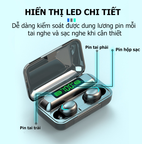 Tai Nghe Bluetooth Không Dây F9 Bản Pro Nhét Tai Pin 3500 maH Micro HD, Chống Nước - Tai nghe bluetooth pin trâu - Hàng chính hãng