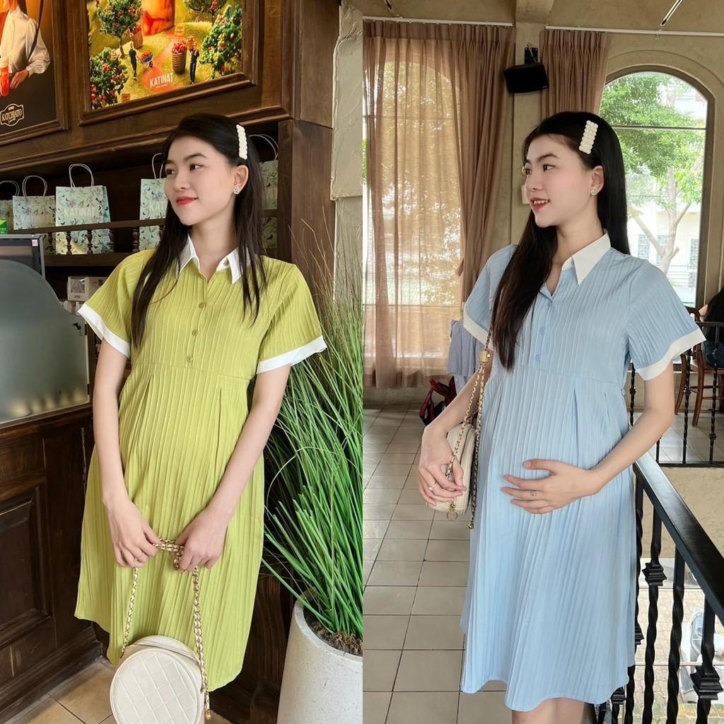 Đầm bầu babydoll đũi gân cổ sơ mi thanh lịch, phối màu bầu diện dễ thương - Đen