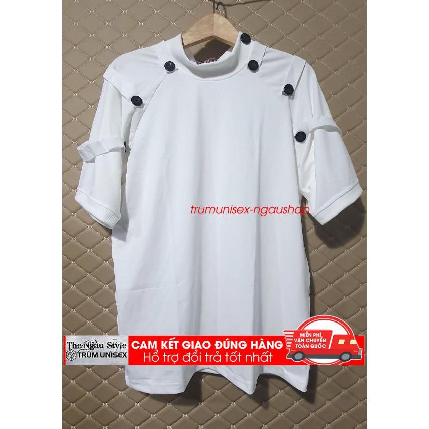 Áo thun Stee nam tay lỡ unisex form rộng overtee Nút áo trên vai màu trắng và đen chất vải cotton xịn Trumunisex