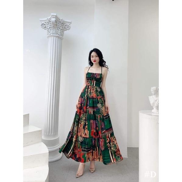 Đầm maxi thổ cẩm hai dây hở lưng đi biển có mút ngực 2 màu