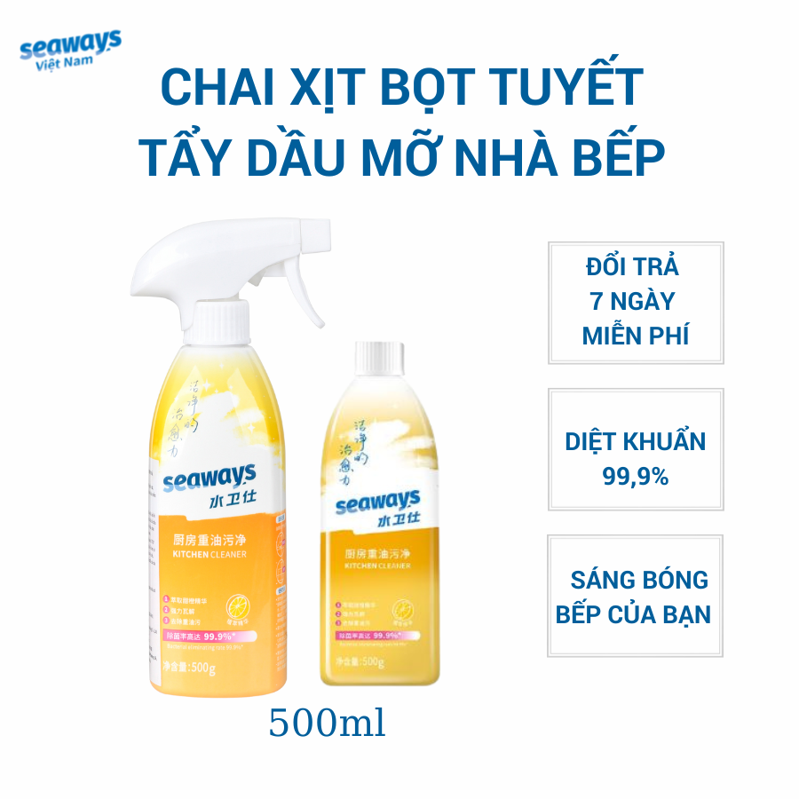 Chai xịt bọt tuyết tẩy rửa nhà bếp SEAWAYS - với thiết kế 2 đầu phun đa năng, chai 500ml