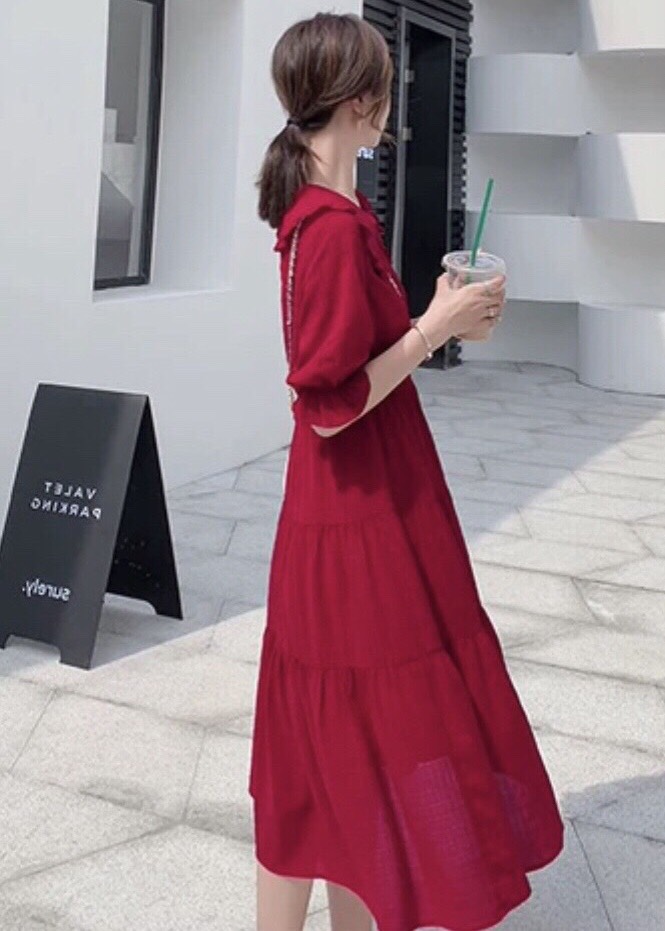 Đầm đỏ cổ bèo 3 tầng