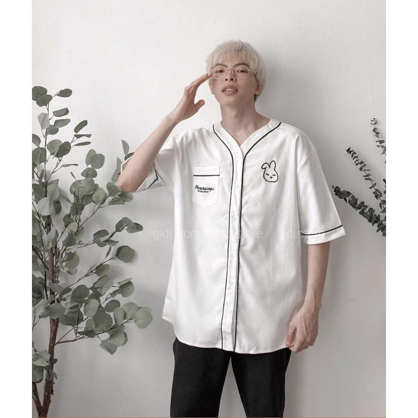 Áo Sơ Mi Tay Lỡ THÊU THỎ Chất Kate Form rộng Unisex Nam/Nữ Phong Cách Hàn Quốc Ulzzang