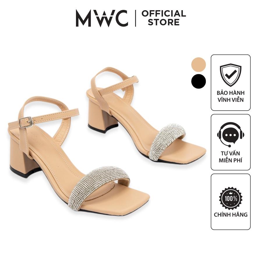 Giày MWC 4305 - Giày Sandal Cao Gót 5cm, Cao Gót Đế Vuông Quai Ngang Đính Đá Sang Chảnh