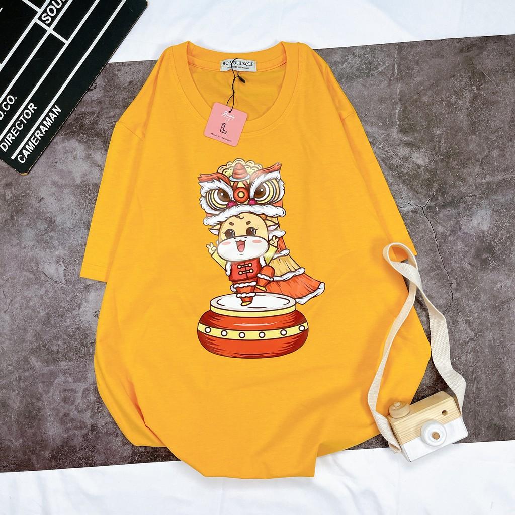 ÁO THUN TAY NGẮN TRÂU TẾT 2021 MÚA LÂN UNISEX SIZE M L XL