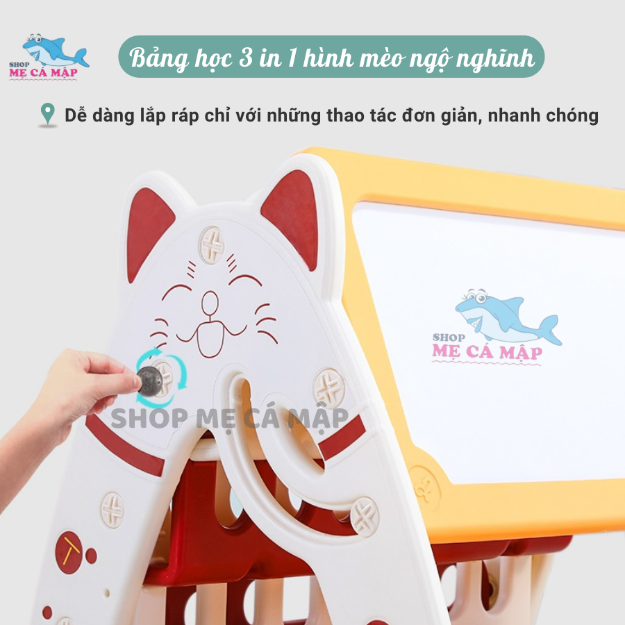 Bảng học cho bé hình con mèo TẶNG ghế, hộc để đồ, bàn học, Mặt bảng phủ nano Sản phẩm 3 in 1