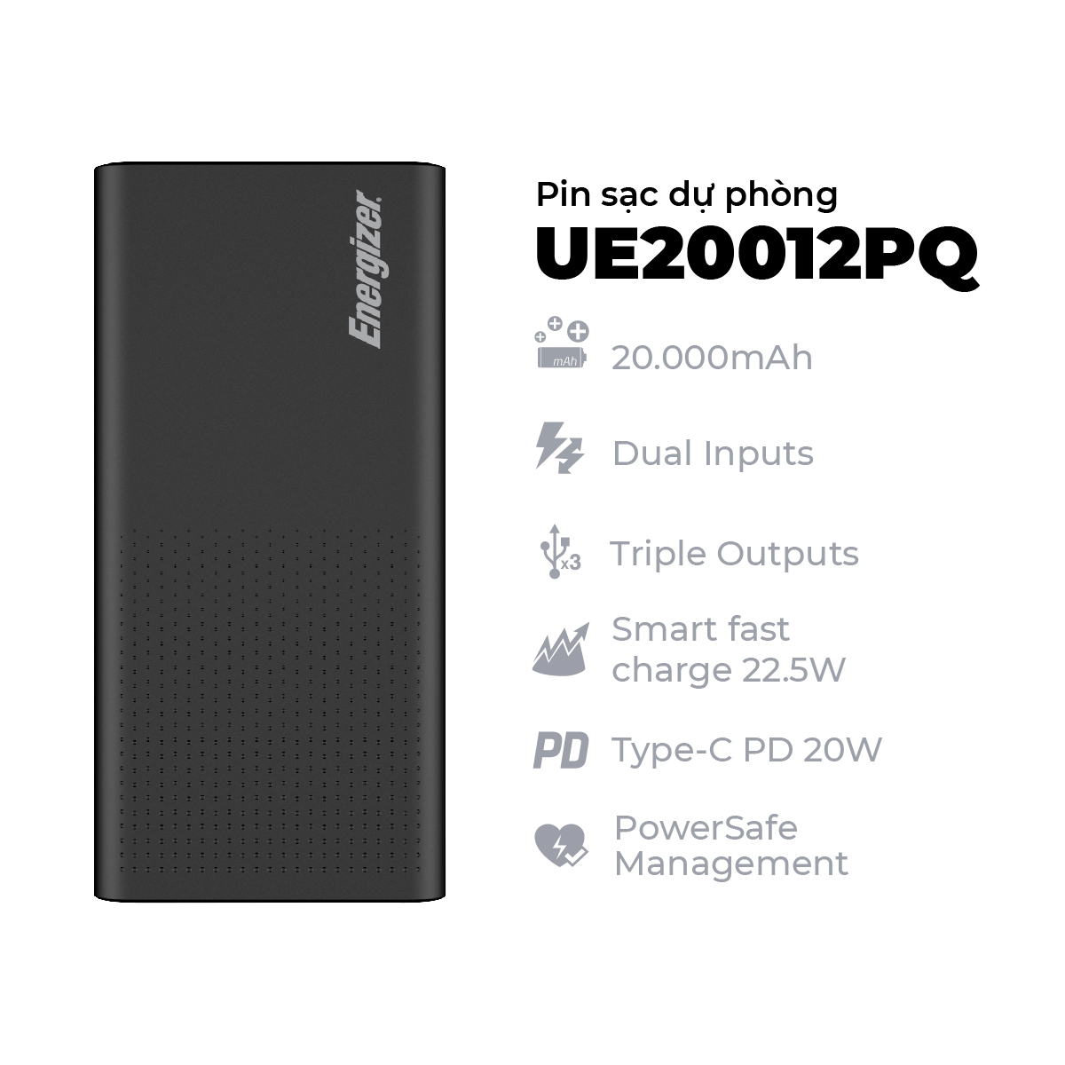 Sạc dự phòng Energizer 20,000mAh UE20012PQ - Hàng chính hãng