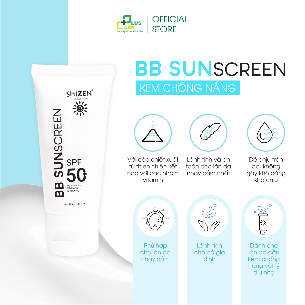 KEM CHỐNG NẮNG BB SUNSCREEN 30ml SPF 50 PA+++, vừa trang điểm, vừa chống nắng, vừa dưỡng da